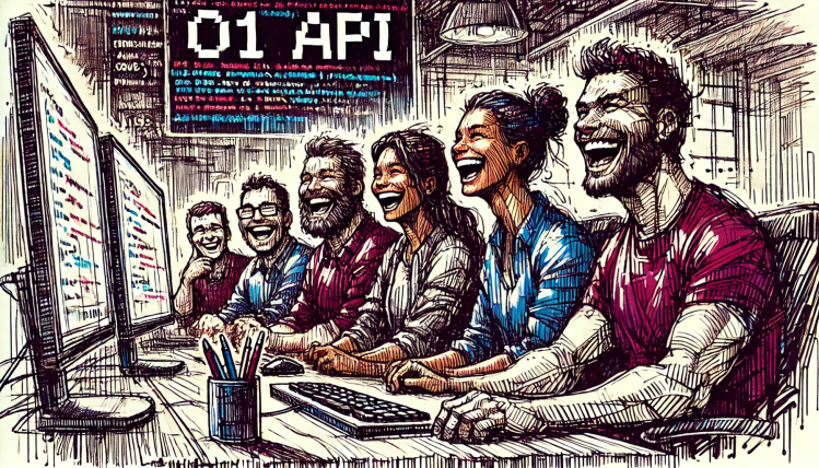 Sketchy marker and pen graphic novel style splash page AI image of a group of 6 developers some masc some femme typing on computers side-by-side on a long desk beneath a dashboard mounted on the wall reading o1 api in pixellated white text