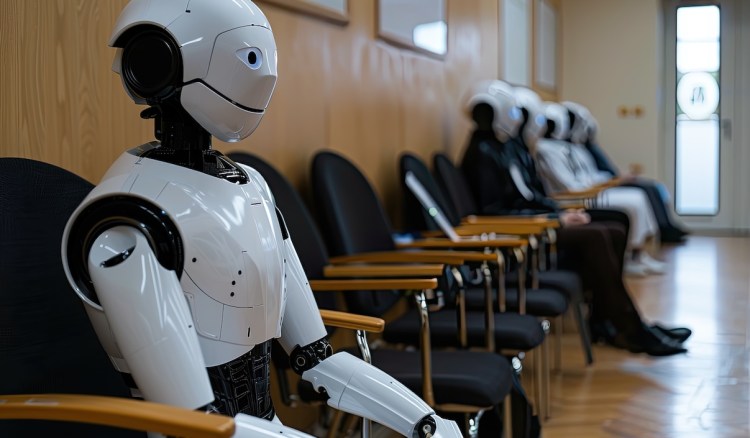 A robot sat in line with human job applicants waiting for an interview. A group of business people were seated on chairs during a ceremony in an office conference room.