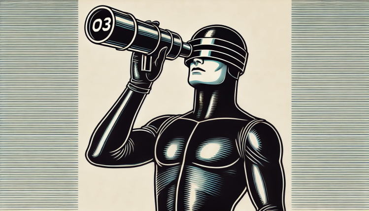 Retro comic style art in beige and black of a muscular man in tight fitted black longsleeve shirt and gloves wearing a visor looking through a telescope with the end lens reading o3