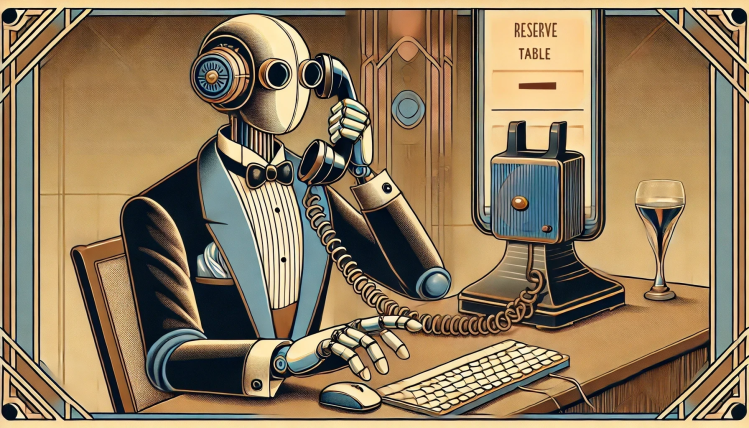 A robot holds an old landline phone while typing on a keyboard and wearing tuxedo in brown and tan hued AI image