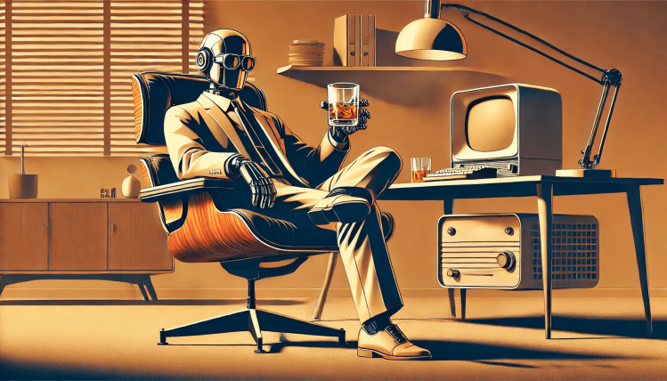 A robot in a suit drinks scotch while leaning back in an eaves chair in a midcentury office