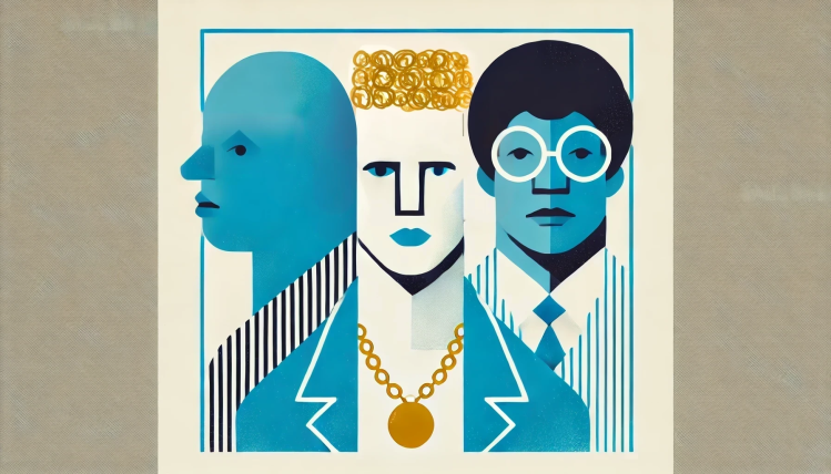 Retro style minimalist blocky illustration of three figures, one bald, one curly blonde haired and one dark haired with glasses in alternating blue and white scheme