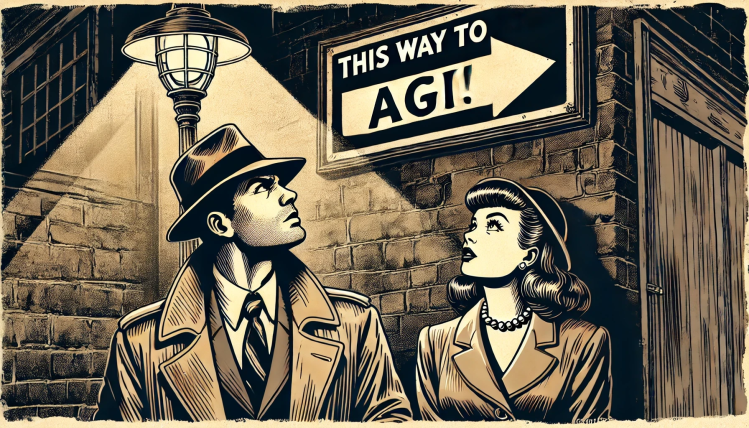 Vintage comic sepia toned AI image showing a man and woman staring up at a sign reading This Way to AGI!