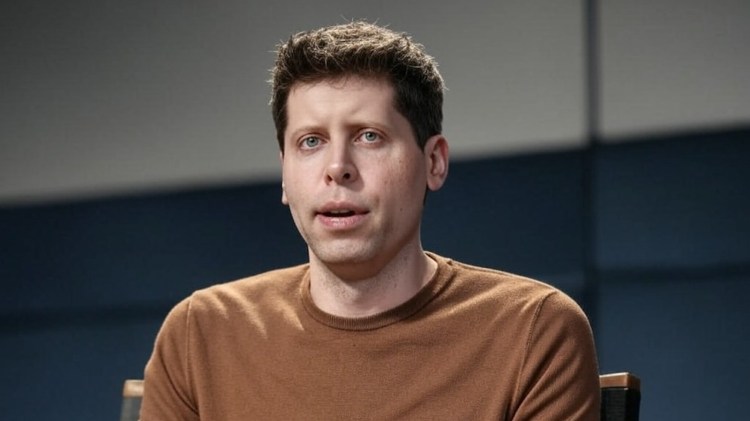 AI photorealistic illustration of Sam Altman on stage wearing brown long sleeve