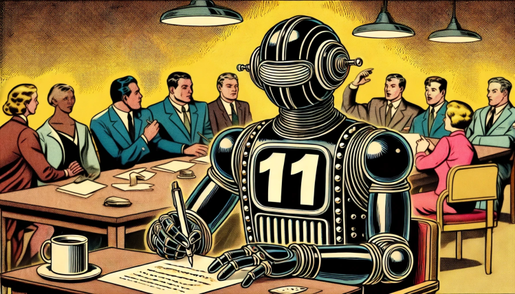 AI retro golden age comic book minimalist style image with pointillism and gradients of a black humanoid robot with white numerals "11" on its chest writing with pen on paper to transcribe a meeting of white collar workers taking place around a table in the background