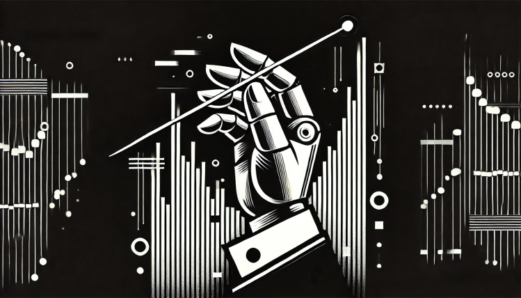 2D black and white image of robotic hand holding conductor wand against abstract line pattern background