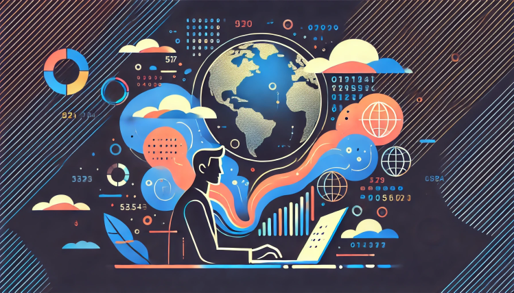 A man types on a laptop in profile in front of a visualization of the earth surrounded by data and icons in blue and light salmon colors