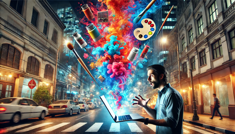 Man stares in astonishment at laptop emitting colorful clouds of smoke and art supplies into the art in the city street in which he stands in profile
