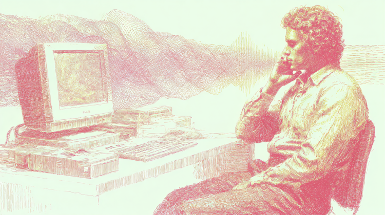 Graphic novel style red tone abstract artwork of a young man seated in front of a desktop PC with curving coursing lines in the background