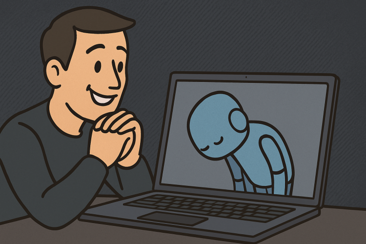 A robot on a screen is bowing to a human who looks on in approval.