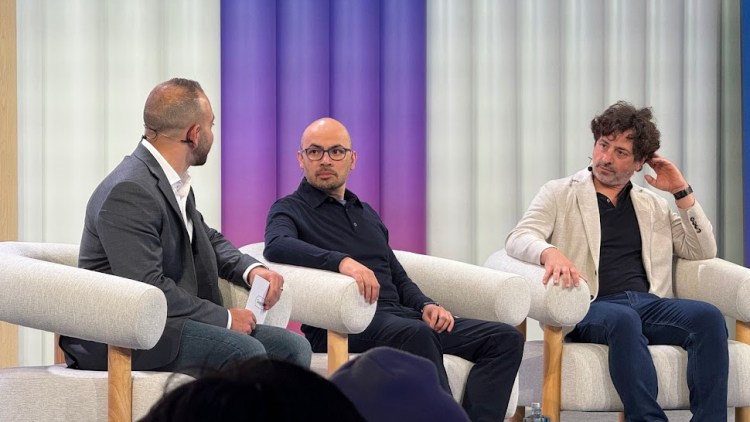 Alex Kantrowitz, Demis Hassabis and Sergey Brin during Google I/O. (Photo Credit: VentureBeat / Michael Nunez)