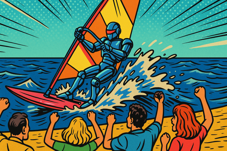 Robot windsurfing in cartoon style image as people cheer on a beach