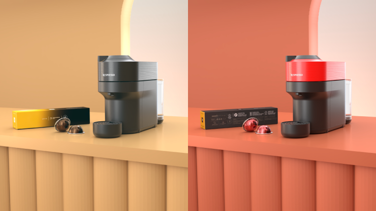 Side-by-side Nespresso machines show sleek design, tech, and brand collaboration in action