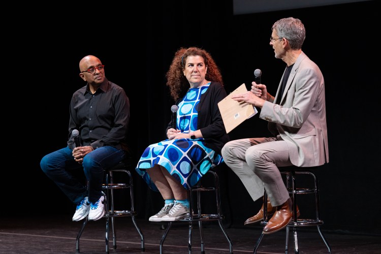 (L-R) Ashok Srivastava, SVP and chief data officer at Intuit, Hilary Packer, EVP and CTO at American Express, Matt Marshall, VentureBeat CEO and editor-in-chief speak during VB Transform in SF on June 25. Photo: Michael O'Donnell Photography