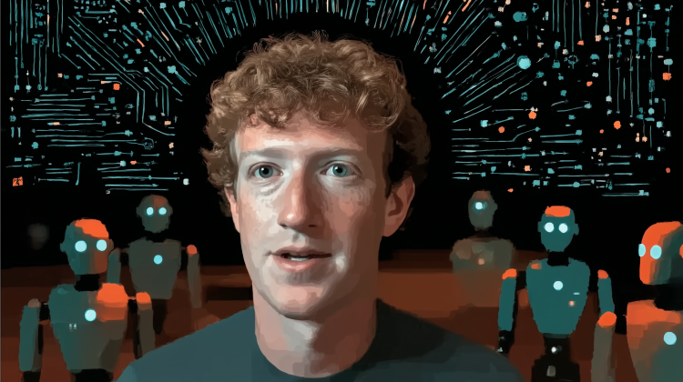 Illustration of Mark Zuckerberg surrounded by robots and colorful dots