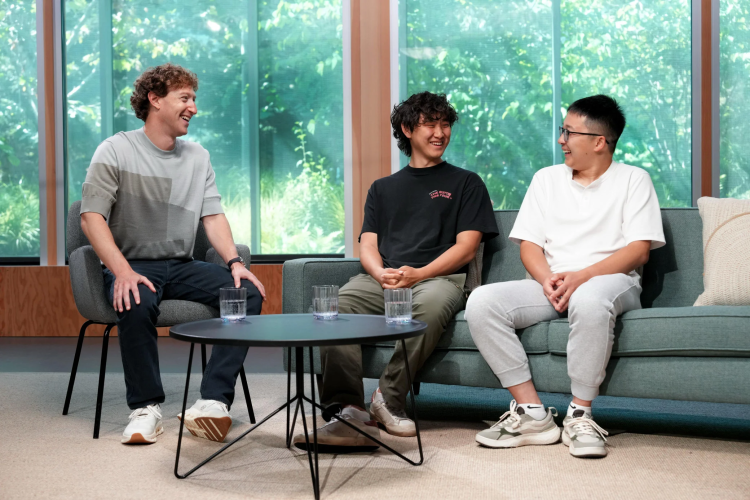 Mark Zuckerberg sits beside former Scale AI CEO Alexandr Wang and new Superintelligence Labs Chief Scientist Shengjia Zhao
