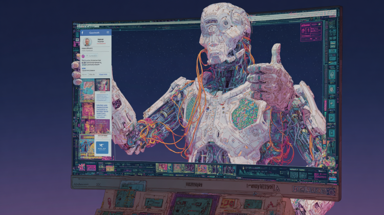 Robot reaching out of monitor holding social feed