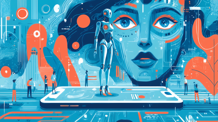 Teal and orange 2D AI image of a giant woman's face with abstract polygonal makeup staring down at large smartphone screen with feminine android atop it